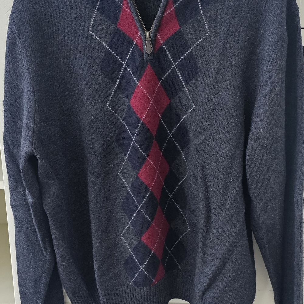 Brooks Brothers Grey and Burgundy Argyle Quarter Zip-Up Sweater
